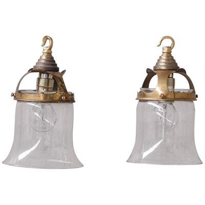 Pair of Mid-Century French Bell Shaped Clear Glass and Brass Pendants 