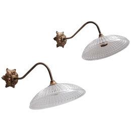 Pair of French Holophane Style Glass and Brass Wall Lights