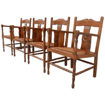 Two Pairs of French Mid-Century Rush Oak Armchairs