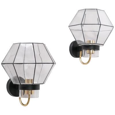 Pair of Mid-Century Glass and Brass Wall Lights