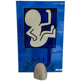 Mid-Century Modern Keith Haring Sculpture / Lamp, Glass and Stone, Signed, 1988