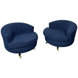 Pair of Mid-Century Rolling Swivel Lounge / Slipper Chairs, Baughman Style