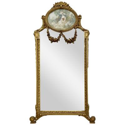 French Neoclassical Style Giltwood Wall / Console Mirror with Oval Artwork