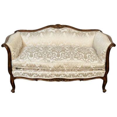 Small Louis XV Mahogany Carved Settee / Sofa, Floral Silk Upholstery