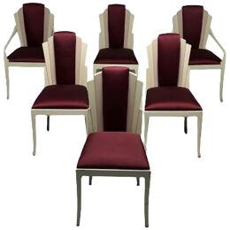 Vladimir Kagan Mid-Century Modern, Six Eva Dining Chairs, Lacquer, Maroon Fabric