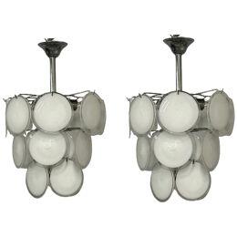 Mid-Century Modern Style Small White Murano Glass Disk Chandeliers / Pendants