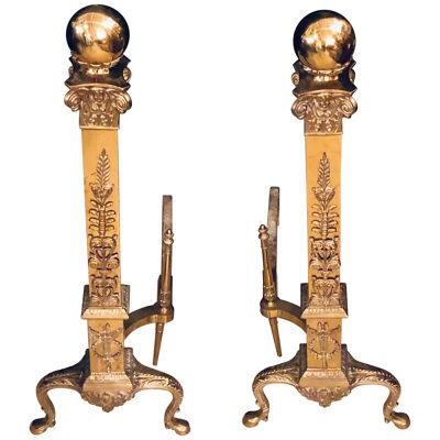 Fine Pair of Large and Impressive Louis XVI Style Brass and Irons	