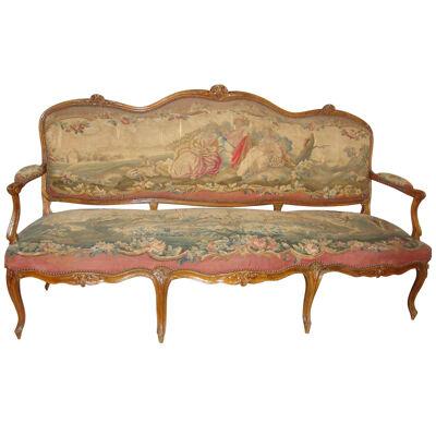 18th Century Louis XV Fruitwood Settee in Aubusson Upholstery