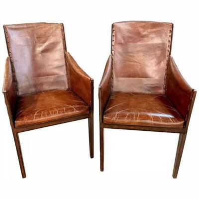 Pair Mid-Century Modern Jean-Michel Frank Style Arm Chairs, Distressed Leather