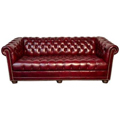 Georgian Oxblood Red Leather Chesterfield Sofa / Settee, Tufted, Bun Feet