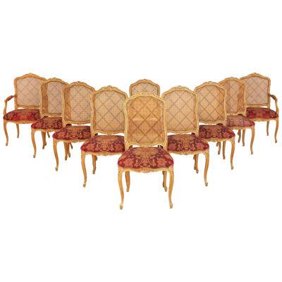 Set of Ten Louis XV Style Dining / Side Chairs, Clayed Gilt and Cane, French