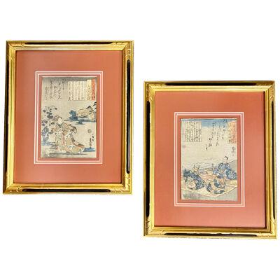 Pair of 19th Century Japanese Woodblocks by Utagawa Kuniyoshi in Custom Frames.	