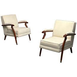 Pair of French Mid-Century Modern Maison Leleu Style Lounge / Arm Chairs, Mohair