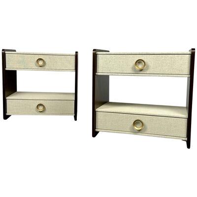 Pair Linen Wrapped Nightstands, End or Side Tables, Beige, Walnut, American