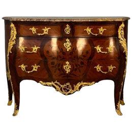 19th Century French Bombe Louis XV Style Marble Top Commode with Floral Inlays