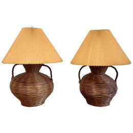 Large Mid-Century Modern Wicker Urn Table, Desk Lamps by Kovacs, Compatible Pair