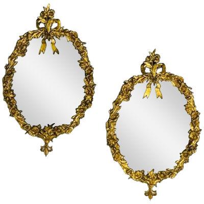 Louis XVI, Oval Wall Mirrors, Floral Motif, Bronze, Carved Wood, France, 19th C