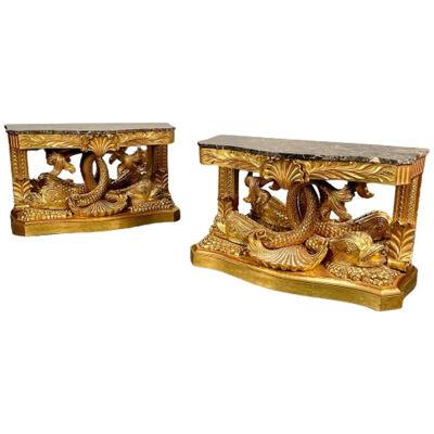 Pair of French Wood Carved Dolphin Console Tables, Pier Tables, Giltwood