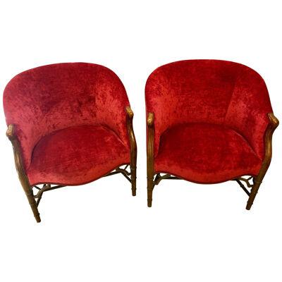 Pair of Bamboo Legged Cherry Red Velour 19th-20th Century Barrel Back Chairs