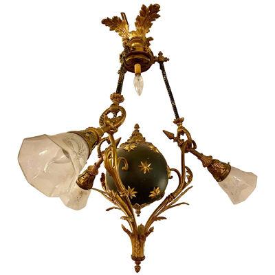 Antique French Empire Style Chandelier Ebonized Sphere with Bronze Surrounds