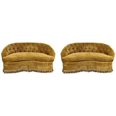Pair Custom Chesterfield Tufted Loveseats, Settees, Couches, Velour, Georgian