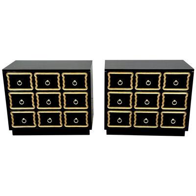 Pair Hollywood Regency Nightstands / Chests Dorothy Draper Style, Black Lacquer