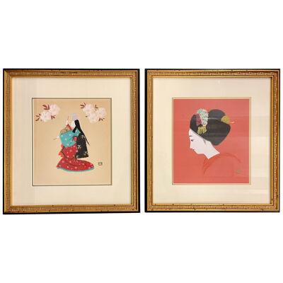 Pair of Japanese Woodblocks Custom Frames Signed	