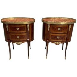 French Louis XV, Side Tables, Marquetry, Marble, Brass, France, 1930s