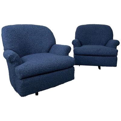 Pair of Mid-Century Modern Scroll Arm Swivel Lounge / Arm Chairs, Faux Shearling