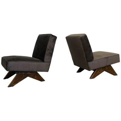 Authentic Pierre Jeanneret Upholstered Easy Lounge / Slipper Chairs, Mid-Century