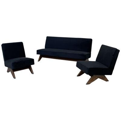 Authentic Pierre Jeanneret Upholstered Sofa Set, Black Suede, Mid-Century Modern