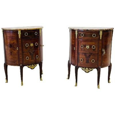 Pair Louis XV Demilune Side Tables, Nightstands, Commodes, Marble, Bronze Mounts