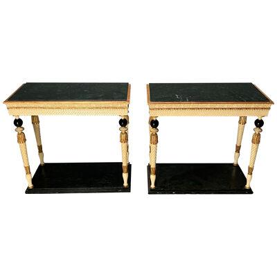 Pair of Swedish Neoclassical Maison Jansen Marble-Top Console Tables, French