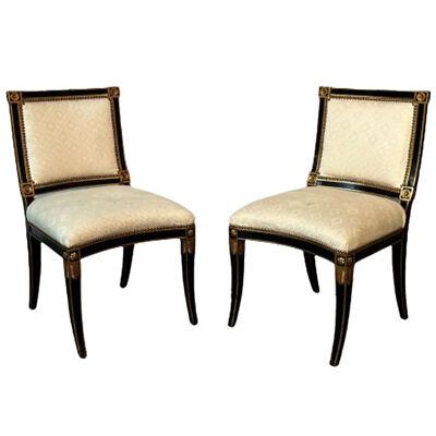 Pair of Louis XVI Maison Jansen Style Dining / Side Chairs, Ebony and Giltwood