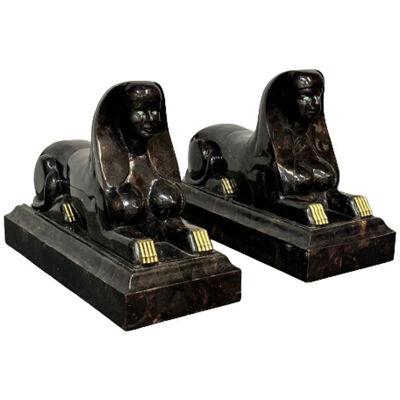 Pair of Maitland Smith Tessellated Egyptian Seated Sphinxes, Entryway