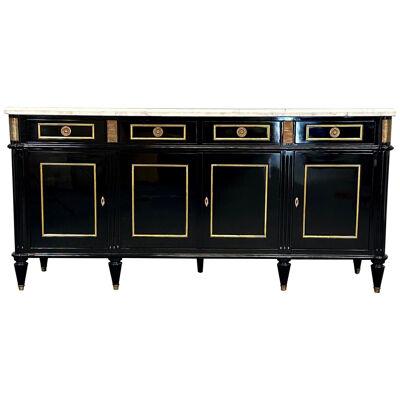 Louis XVI Hollywood Regency Black Lacquer Sideboard / Credenza, Bronze Mounted