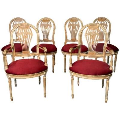 Six Louis XVI Maison Jansen Style Bleached Balloon Back Dining Chairs, Whitewash