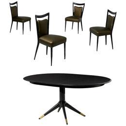 Melchiorre Bega, Italian Mid-Century Modern, Dining Chairs, Table, Black Lacquer