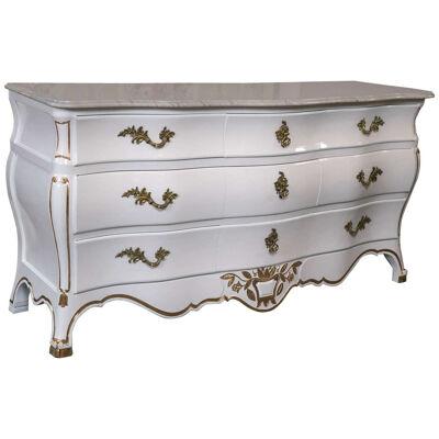 White and Gilt Gold Decorated Louis XV Style Bombe Dresser Carrara Marble Top