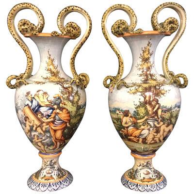Pair of Italian Faience Porcelain Vases with Snake Handles