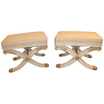 Pair of Maison Jansen Style X-Form Benches or Footstools Ivory And Parcel Gilt
