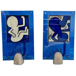 Pair of Mid-Century Modern Keith Haring Signed Lamps / Sculpture, Toshiyuki Kita