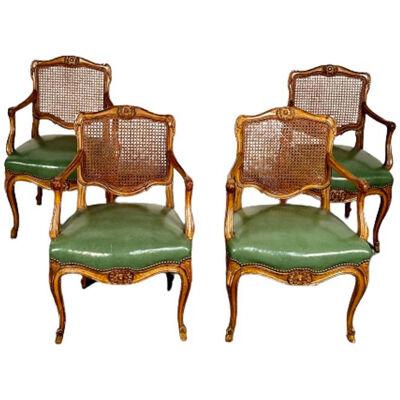 Four French Louis XV Style Fauteuils / Office Chairs, Cane and Leather