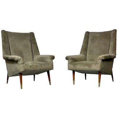 Pair Italian Mid-Century Modern Lounge Chairs, Wing Back, Gio Ponti Style