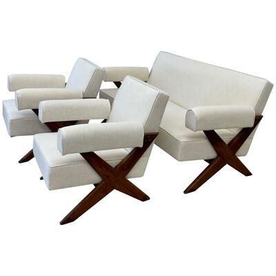 Authentic Pierre Jeanneret Upholstered X-Leg Sofa Set, Mid Century Modern