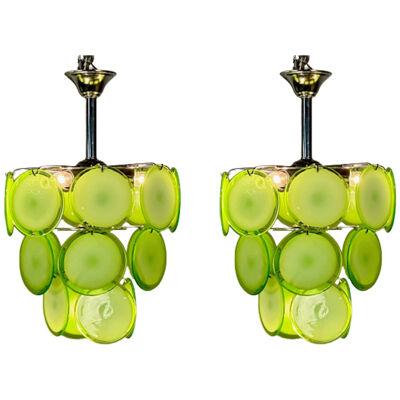 Pair of Mid-Century Modern Style Small Green Murano Glass Disk Chandeliers