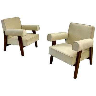 Authentic Pair of Pierre Jeanneret Upholstered Bridge Chairs, Mid-Century Modern