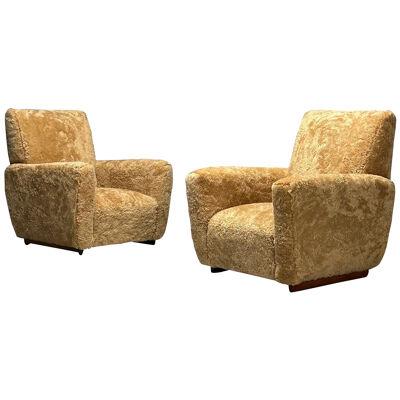 Guglielmo Ulrich Attr Italian Mid-Century Modern Lounge Chairs, Honey Shearling