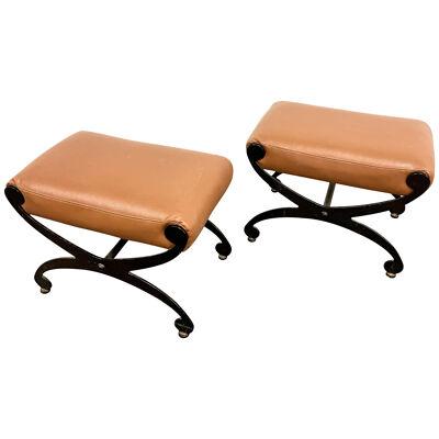 Pair of Metal X Form Benches, Footstools, Ottomans, Leather Seats, Rustic