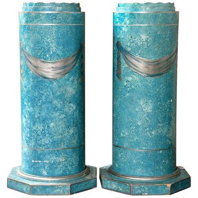Pair Blue Distress Painted Pedestals With Drapery Motifs Hollywood Regency Style